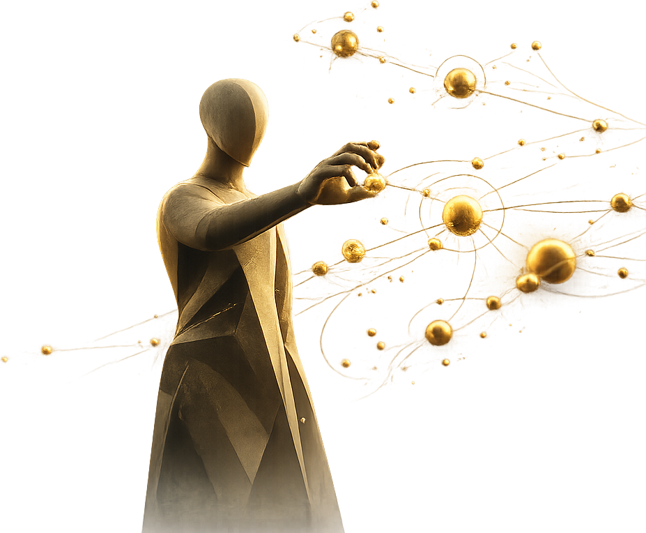 Eine Figur dirigiert ein vernetztes System aus goldenen Knotenpunkten — Sinnbild für geführte KI-Automation